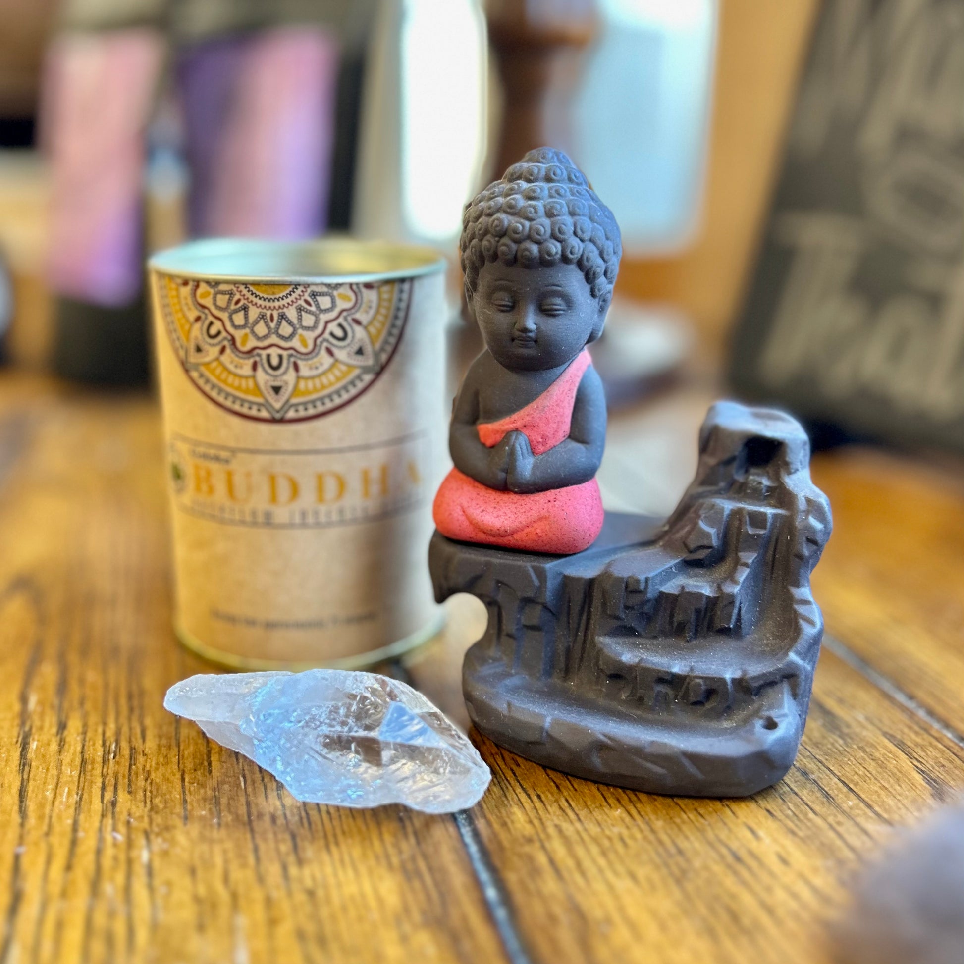 Buddha Bundle: Backflow Incense Burner, 20-Minute Incense Cones, and Clear Quartz Crystal - Ignite the light / Alberta Laser Engraving